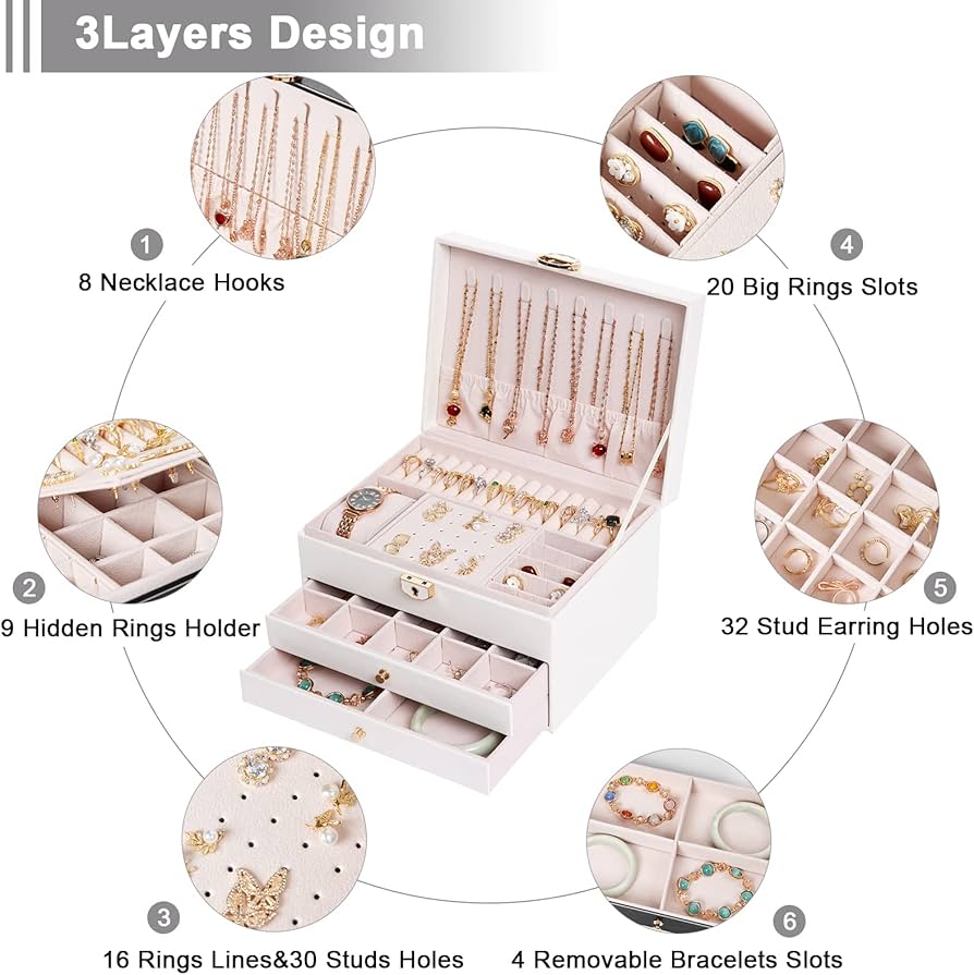 Large Pink Jewelry Organizer Box - Elegant Multi-Layer Storage