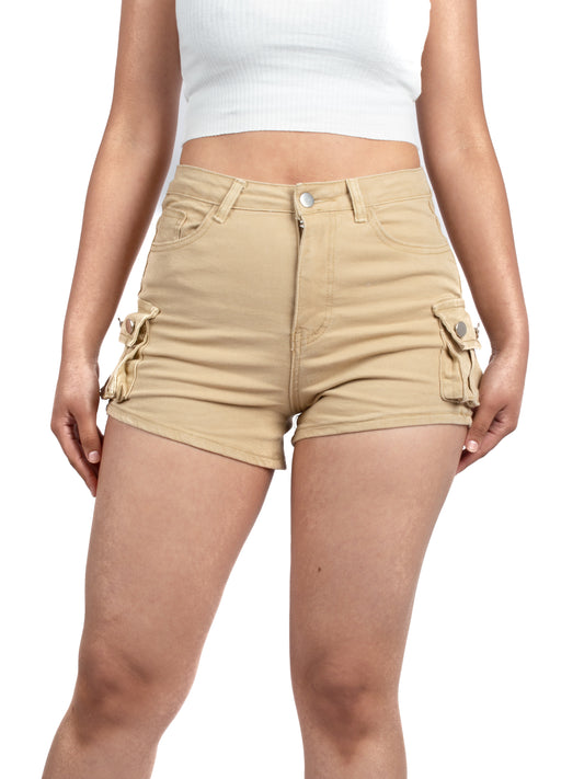 Beige High-Waisted Utility Shorts with Side Pockets XD124