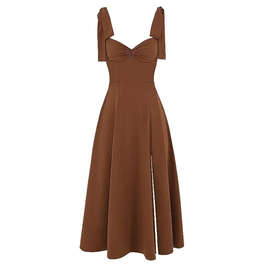 Tie-Shoulder Sweetheart Midi Dress – Flowy A-Line Style