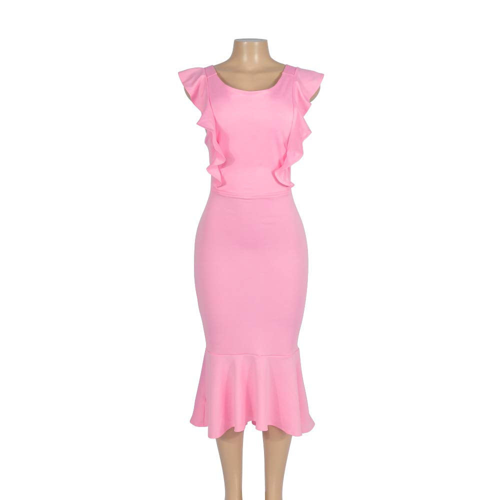 Ruffle Sleeve Mermaid Midi Dress – Elegant Bodycon Fit