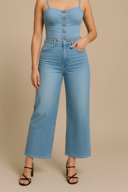 High-Waisted Straight-Leg Washed Denim Jeans – Light Blue