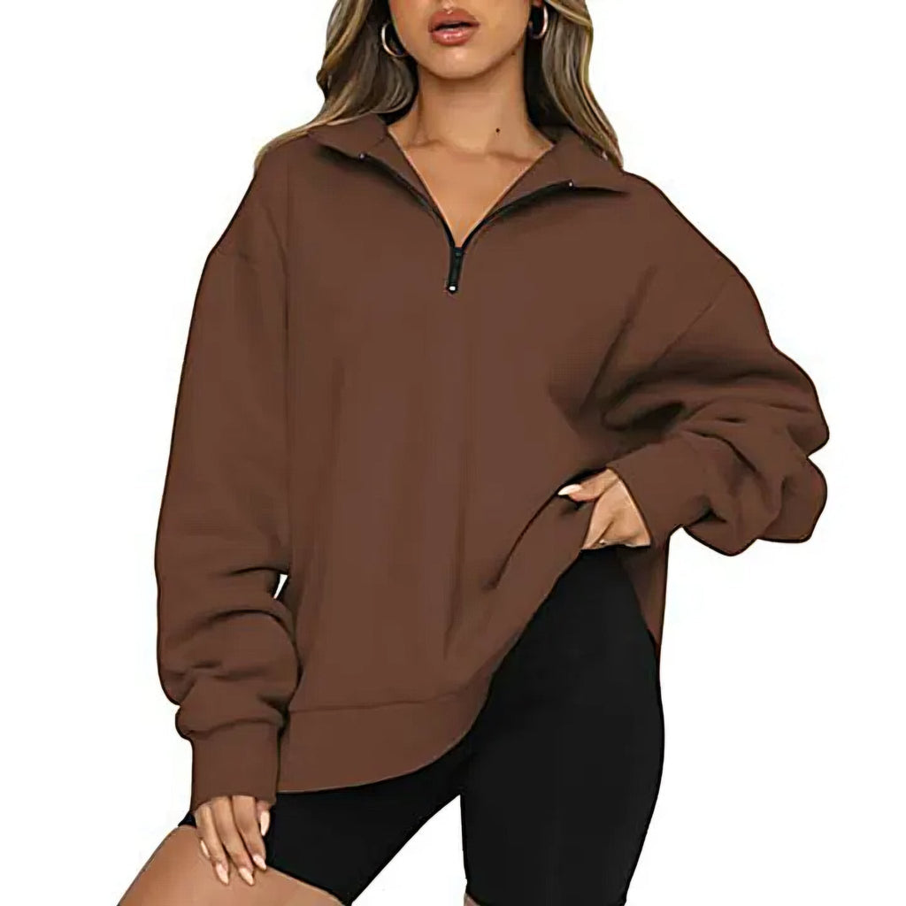 Half-Zip Pullover Sweatshirt – Casual Oversized Hoodie with High Neck