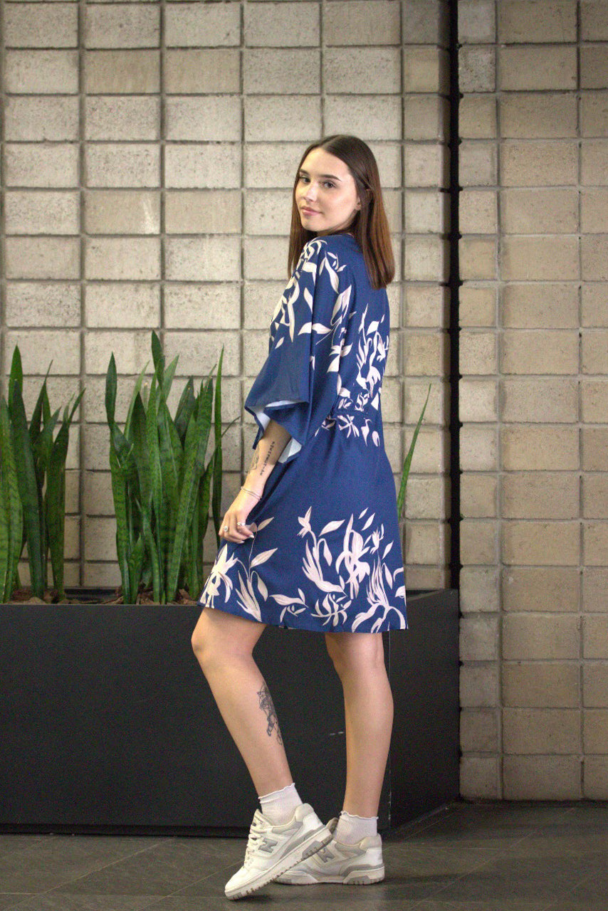 Mini Floral Print Batwing Sleeve Kimono Dress