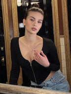 Long Sleeve Front Zip Black Cropped Top