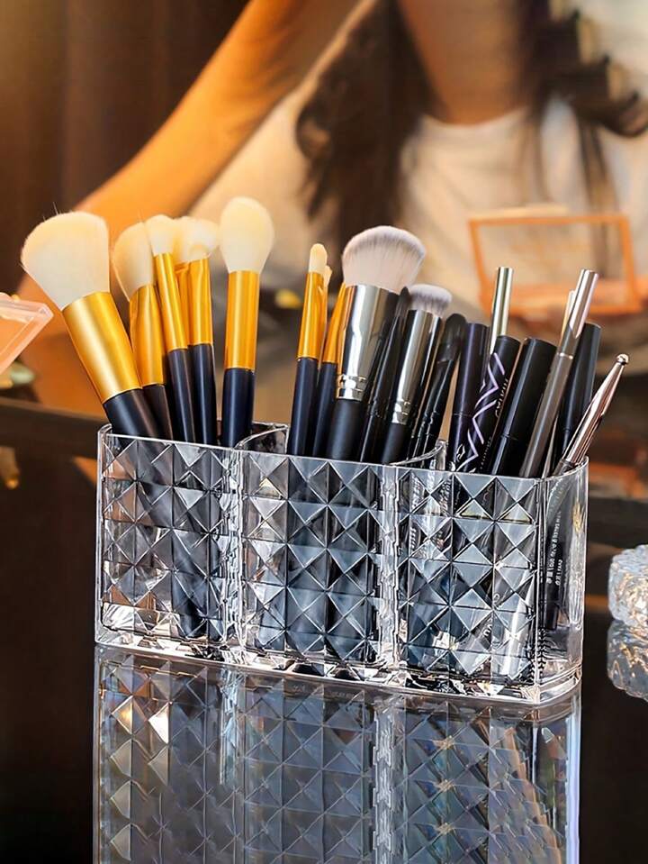 1pc Diamond Pattern Three-Grid Makeup Holder - Makeup Brush Storage