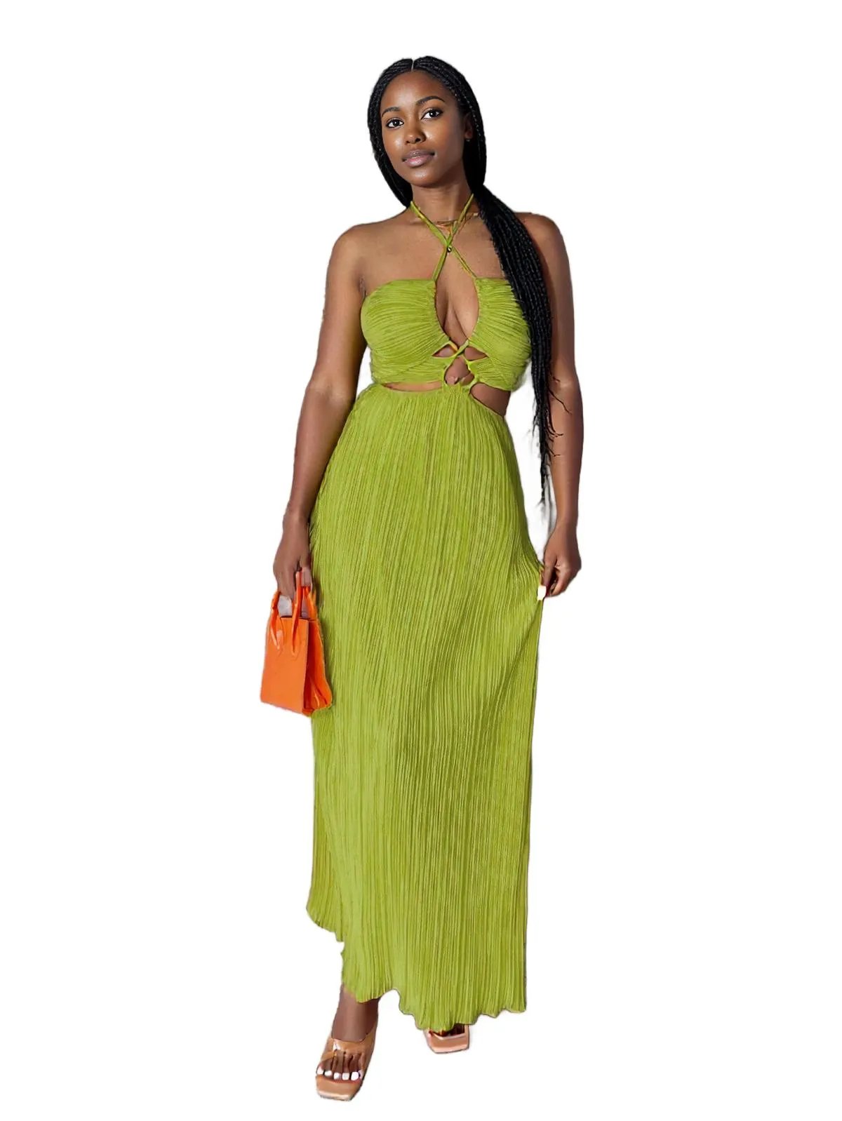 Halter Cutout Pleated Maxi Dress 