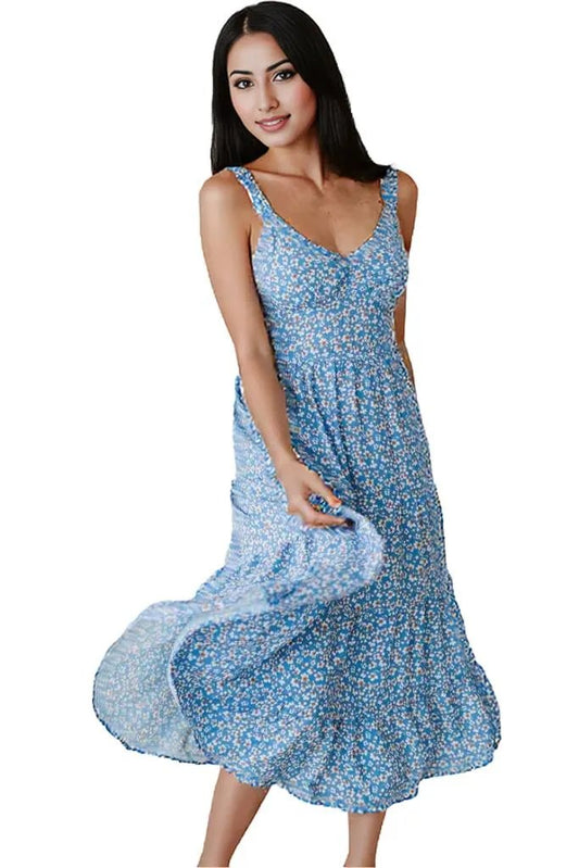 Ditsy Floral Open Tie-Back Sleeveless Midi Dress – Chic & Feminine