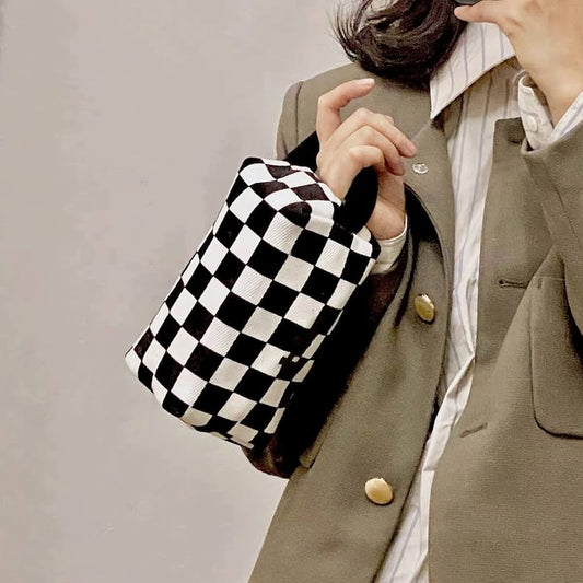 Checkered Rectangular Makeup Travel Bag - Stylish & Spacious Organizer