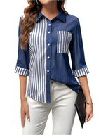 Chic Contrast Navy & Striped Button-Up Shirt – Effortless Style & Elegance