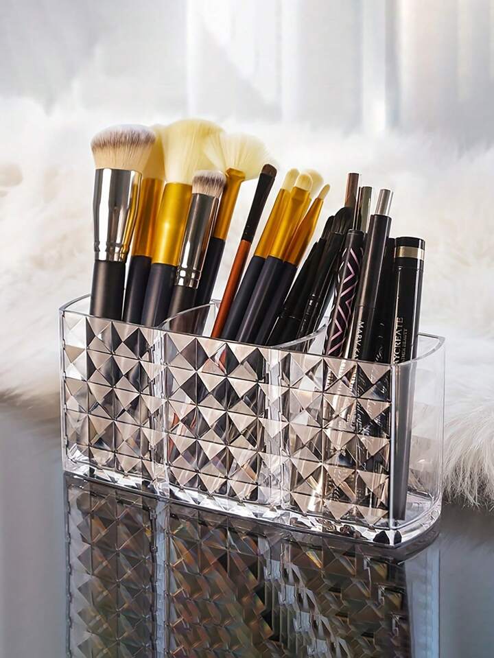 1pc Diamond Pattern Three-Grid Makeup Holder - Makeup Brush Storage