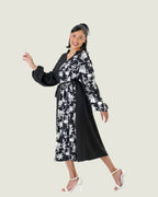 Elegant Black & White Floral Contrast Maxi Dress with Belt – Timeless & Chic