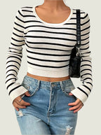 Striped Ribbed Knit Top – Long Sleeve Stretch Pullover