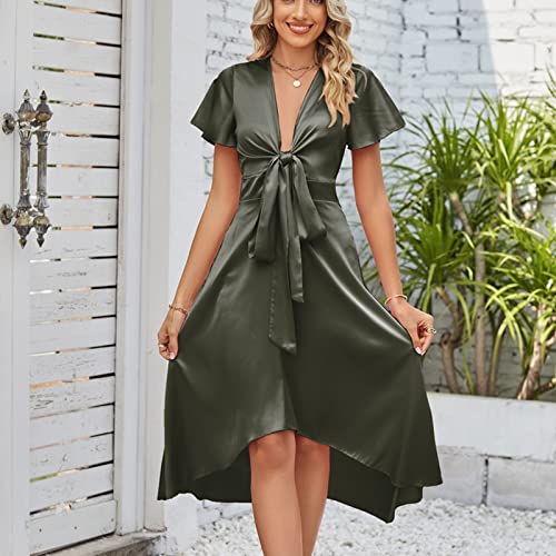 Satin Tie-Front Midi Dress – Elegant V-Neck Flowing Style