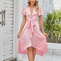 Satin Tie-Front Midi Dress – Elegant V-Neck Flowing Style