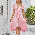 Satin Tie-Front Midi Dress – Elegant V-Neck Flowing Style