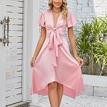 Satin Tie-Front Midi Dress – Elegant V-Neck Flowing Style