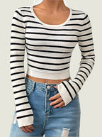 Striped Ribbed Knit Top – Long Sleeve Stretch Pullover