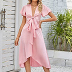 Satin Tie-Front Midi Dress – Elegant V-Neck Flowing Style