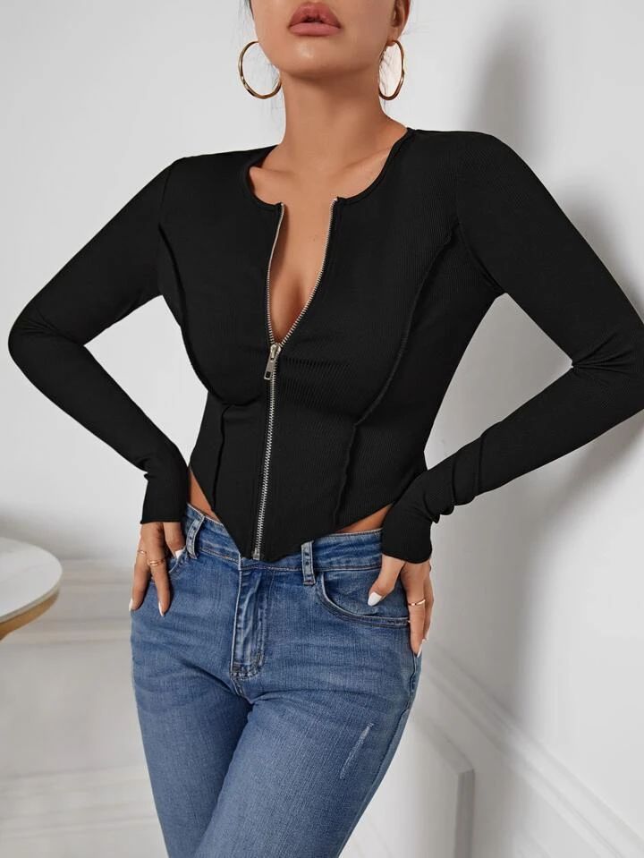 Long Sleeve Front Zip Black Cropped Top