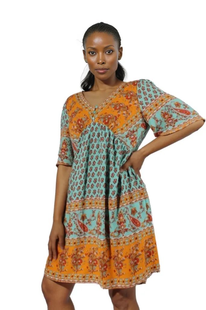 Short Sleeve Boho Print Mini Dress