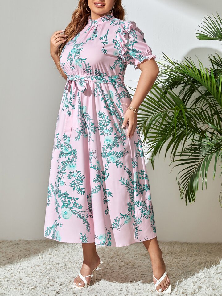 Floral Print Puff Frill Sleeve Midi Dress with Belt