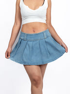 Trendy Blue Pleated Denim Skirt Shorts - XD131
