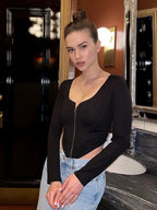 Long Sleeve Front Zip Black Cropped Top