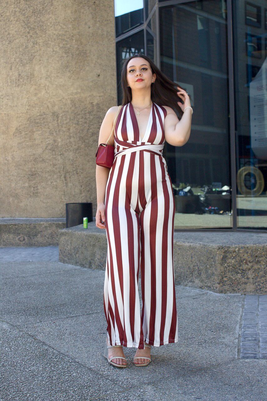 Striped Low V Neck Wrap Straps Jumpsuit | Stylish & Comfortable