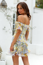 Floral Lace Up Frill Mini Dress With Belt