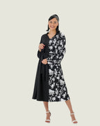 Elegant Black & White Floral Contrast Maxi Dress with Belt – Timeless & Chic