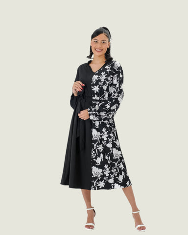 Elegant Black & White Floral Contrast Maxi Dress with No Belt – Timeless & Chic