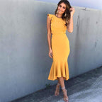 Ruffle Sleeve Mermaid Midi Dress – Elegant Bodycon Fit
