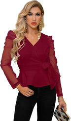 Mock Wrap Knot Sheer Sleeve Belted Blouse