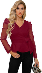 Mock Wrap Knot Sheer Sleeve Belted Blouse