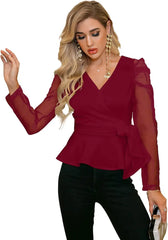 Mock Wrap Knot Sheer Sleeve Belted Blouse