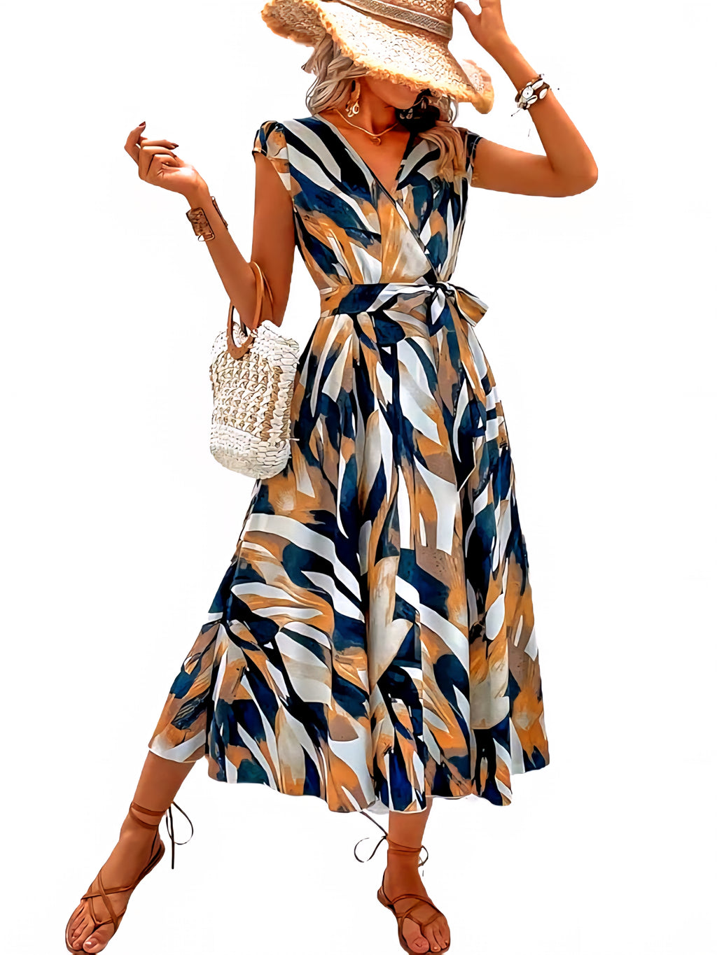 Printed Wrap Midi Dress – Tropical Chic