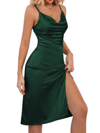 Satin Draped Cowl Neck Thigh Slit Midi Dress