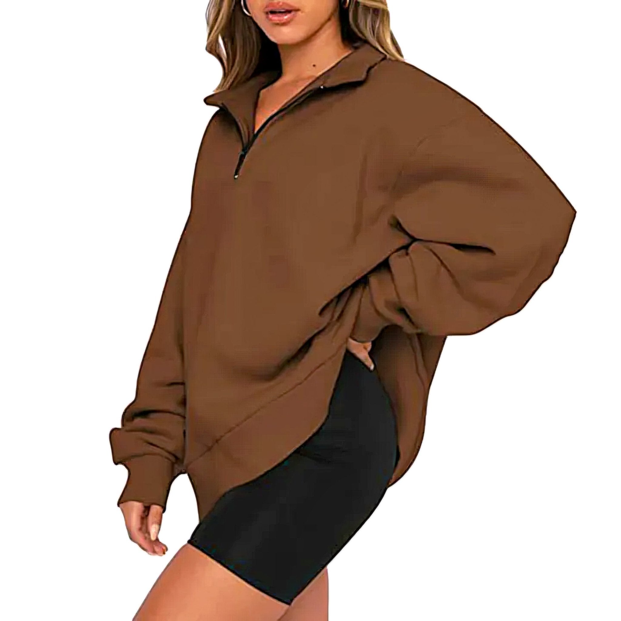 Half-Zip Pullover Sweatshirt – Casual Oversized Hoodie with High Neck