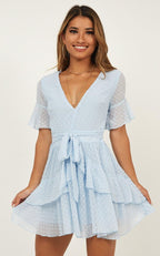 Swiss Dot Belted Layered Hem Chiffon Dress