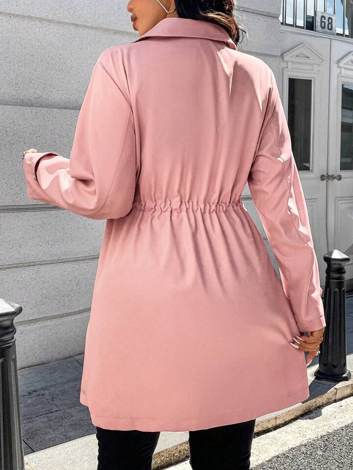 Drawstring Waist Long Sleeve Casual Trench Coat Curve