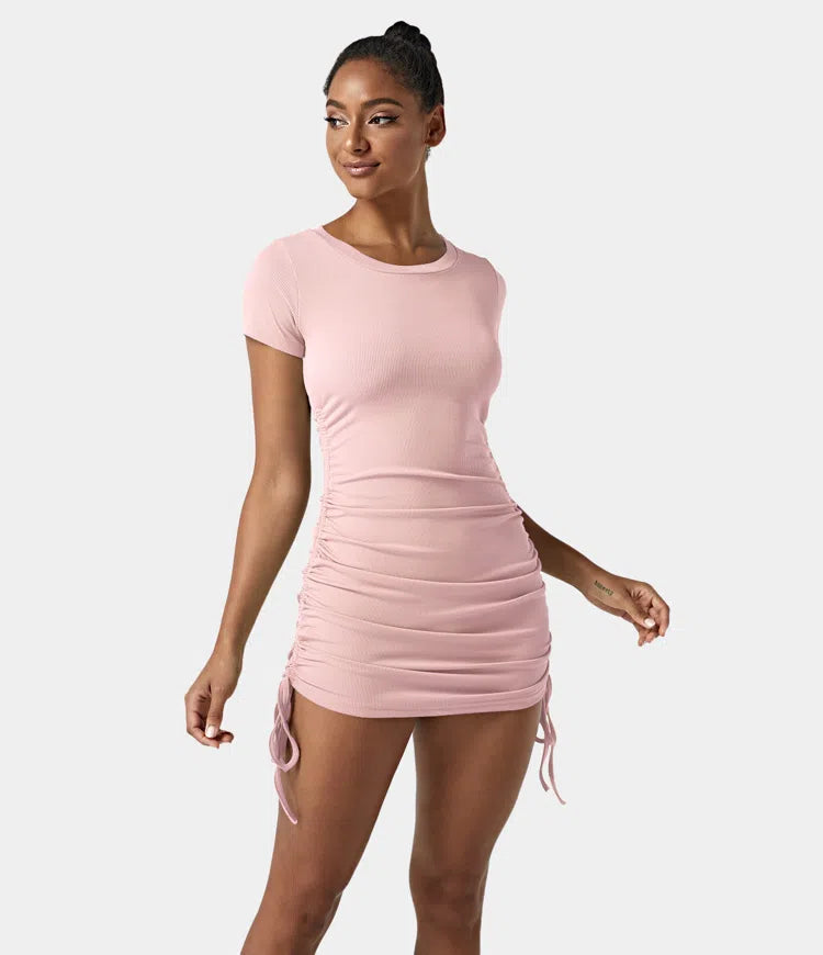 Drawstring Side Rib-Knit Bodycon Mini Dress