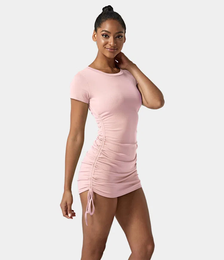 Drawstring Side Rib-Knit Bodycon Mini Dress