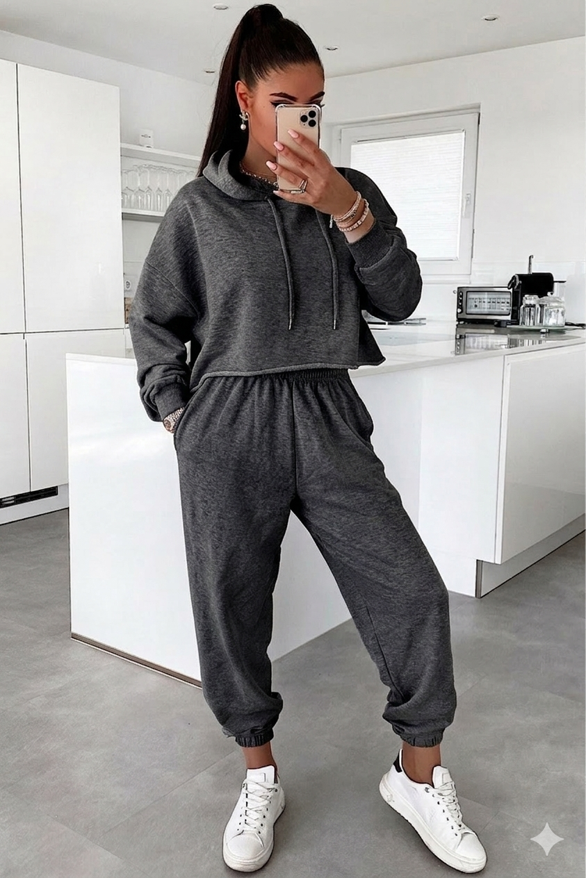 Women’s 2-Piece Fleece Loungewear Set – Cropped Hoodie & High-Waisted Joggers