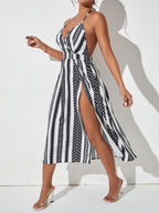 Geo Print Split Thigh Tie Back Maxi Dress