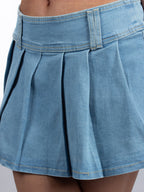 Trendy Blue Pleated Denim Skirt Shorts - XD131