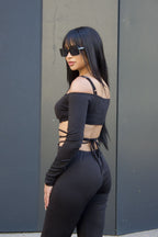 Off Shoulder Long Sleeve Lace-Up Pants Set - Bold & Stylish