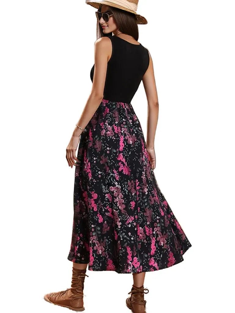 Elegant Two-Tone Maxi Dress – Chic Black Bodice & Flowing Floral Skirt