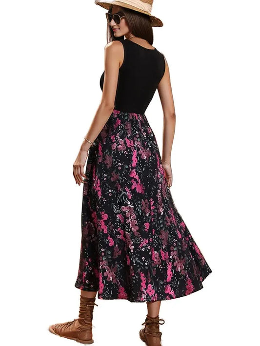 Elegant Two-Tone Maxi Dress – Chic Black Bodice & Flowing Floral Skirt for Effortless Glamour