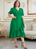 Puff Sleeve Wrap Ruffle Midi Dress