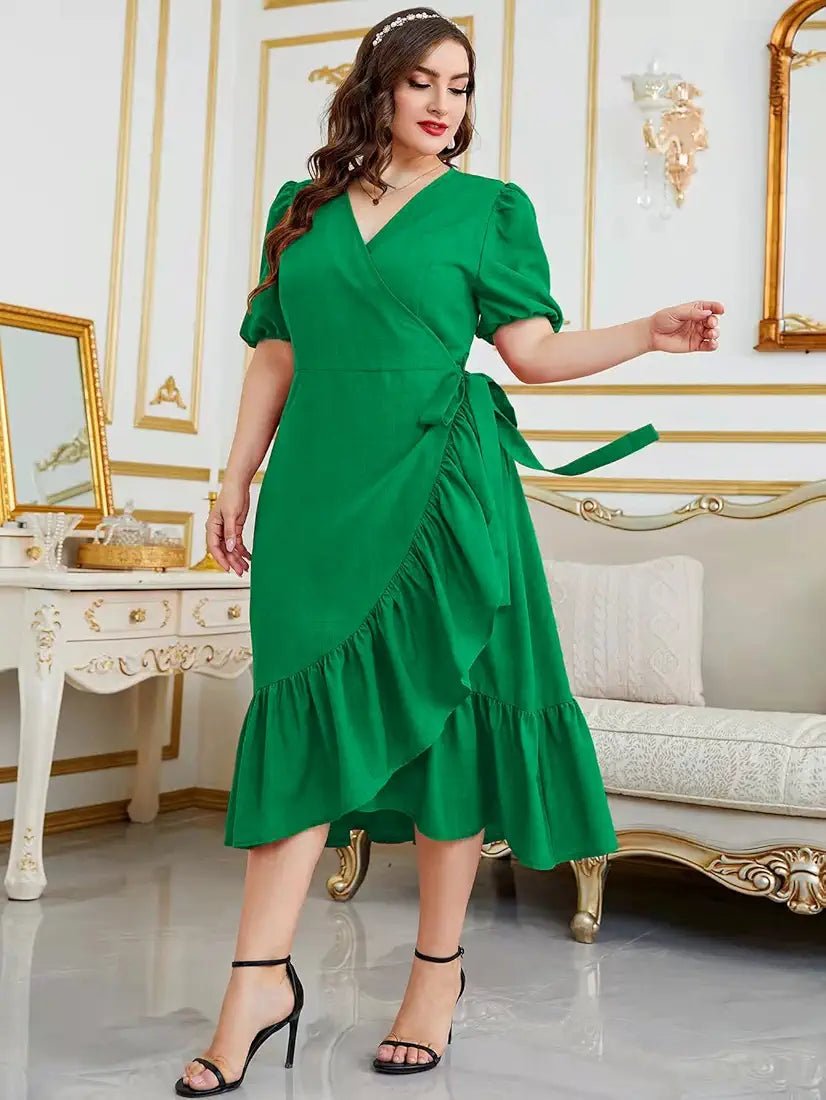 Puff Sleeve Wrap Ruffle Midi Dress